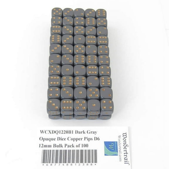 Dark Gray Opaque Dice with Copper Pips D6 12mm (1/2in) Bulk Pack of 100 Wondertrail