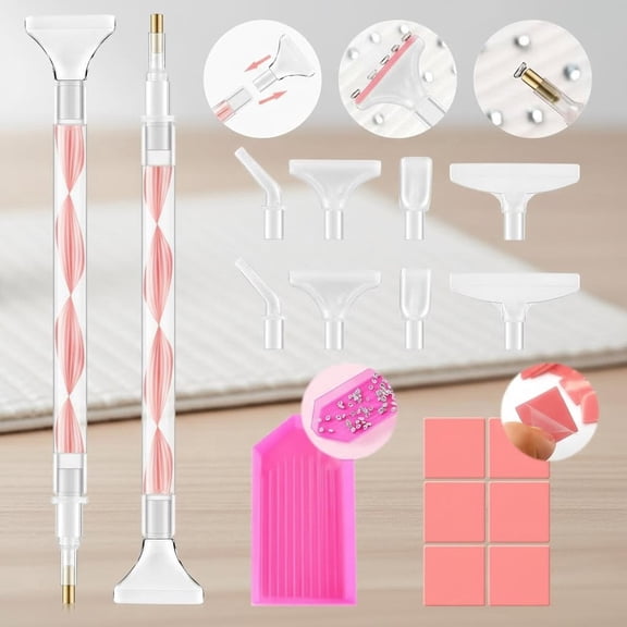 Rhinestone Picker Tool Kit: 2Pcs Handle, Dual-Ended Applicator Dotting Pen with 12 Upgraded Plastic Replacement Tips for Nail Art Craft (Pink)