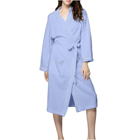 Lingerie Robe Women Kimonos Robes Waffles Weave Long Robe Knit Bathrobe Sleepwear Night Gowm Loungewear with Pocket S-20 Blue M
