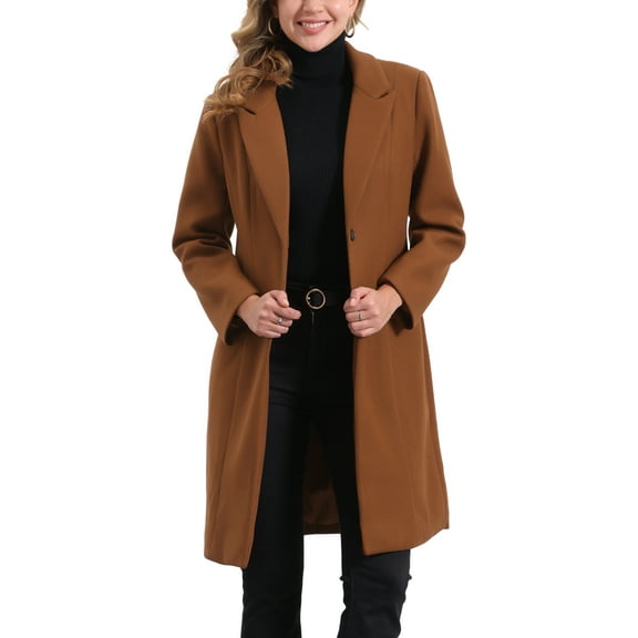 INSPIRE CHIC Winter Coat for Women's Notch Lapel Mid-Long Single Breasted Overcoat Pea Coats M Brown