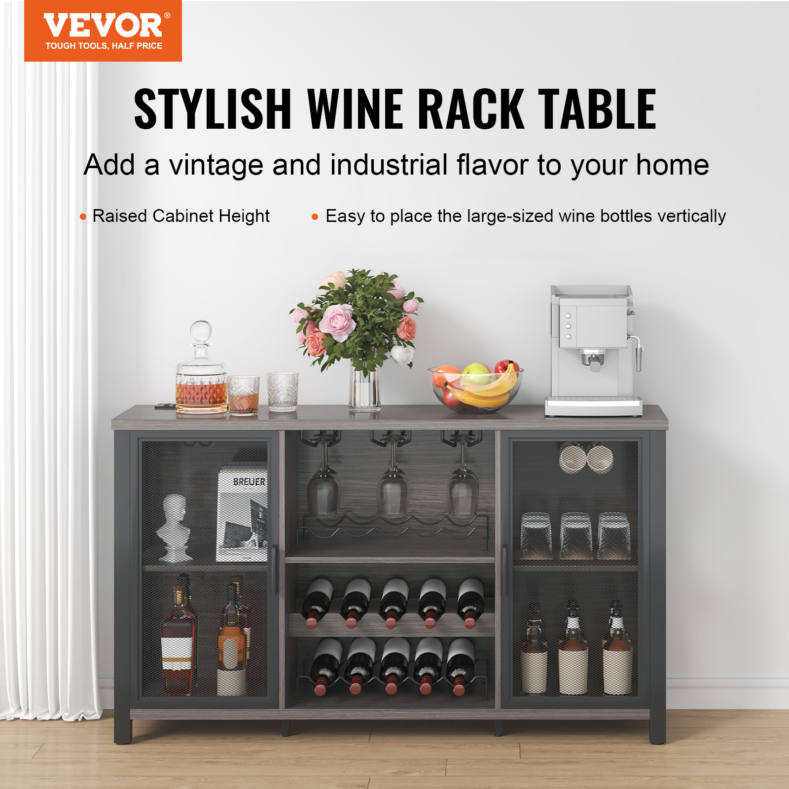 VEVOR 47 Inch Industrial Bar Cabinet, Wine Table for Liquor & Glasses, Sideboard Buffet Cabinet with Wine Rack, Freestanding Farmhouse Wood Coffee Bar Cabinet for Living Room, Home Bar, Kitchen