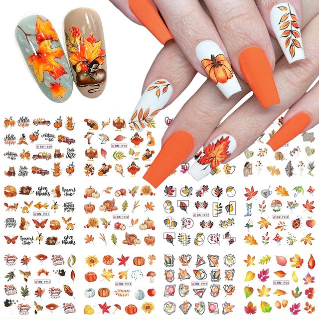 Pegatinas para decoración de uñas de otoño, pegatinas de agua para decoración de uñas de otoño, suministros para uñas, pegatinas de diseño de calabaza de pavo y hojas de arce, 12 Uds. JAMW Sencillez