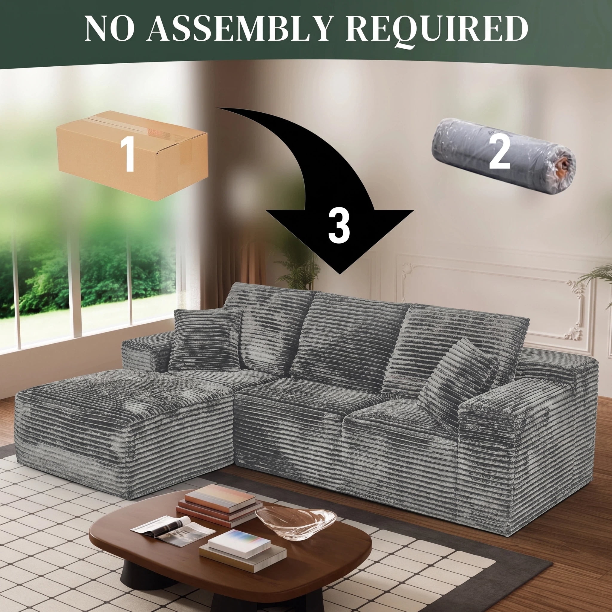 AISWORD 107.5" Corduroy Boneless L Shaped Modular Sectional Sofa with Left Facing Chaise, Deep Seat Compressed Couch with Throw Pillows, No Assembly Required, Gray