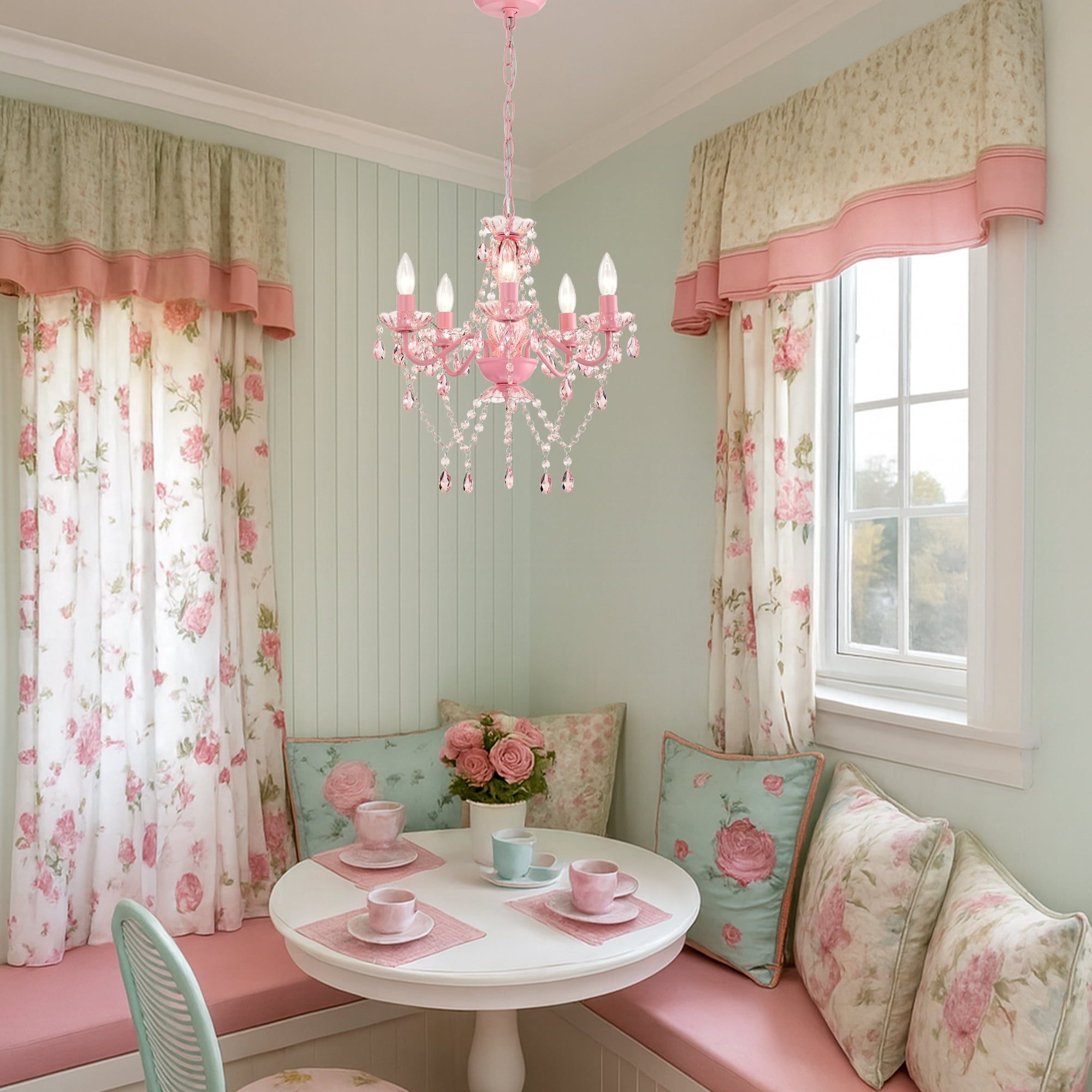 Pink Crystal Chandelier – 5 Light Acrylic Ceiling Fixture for Girls Bedroom, Nursery or Dining Room, 17in Wide