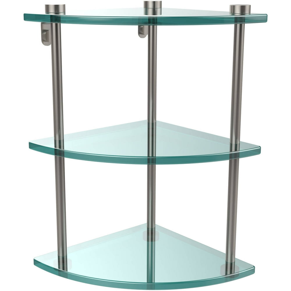 Three Tier Corner Glass Shelf in Satin Nickel