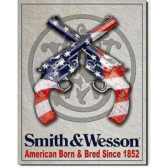 Desperate Enterprises Smith & Wesson - American Born Tin Sign - Nostalgic Vintage Metal Wall Decor - Made in USA - 12.5" W x 16" H