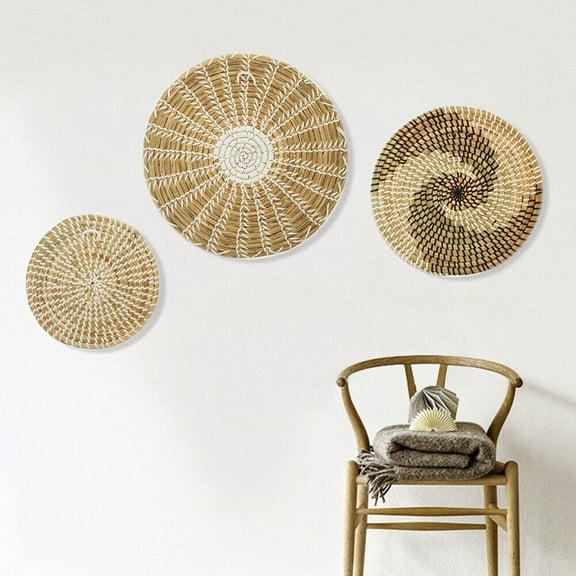 3 Sets Wall Basket Decor, Wall Basket Boho Decor, Hand Woven Baskets Hanging Wall Art Decor, Woven Seagrass Baskets Set
