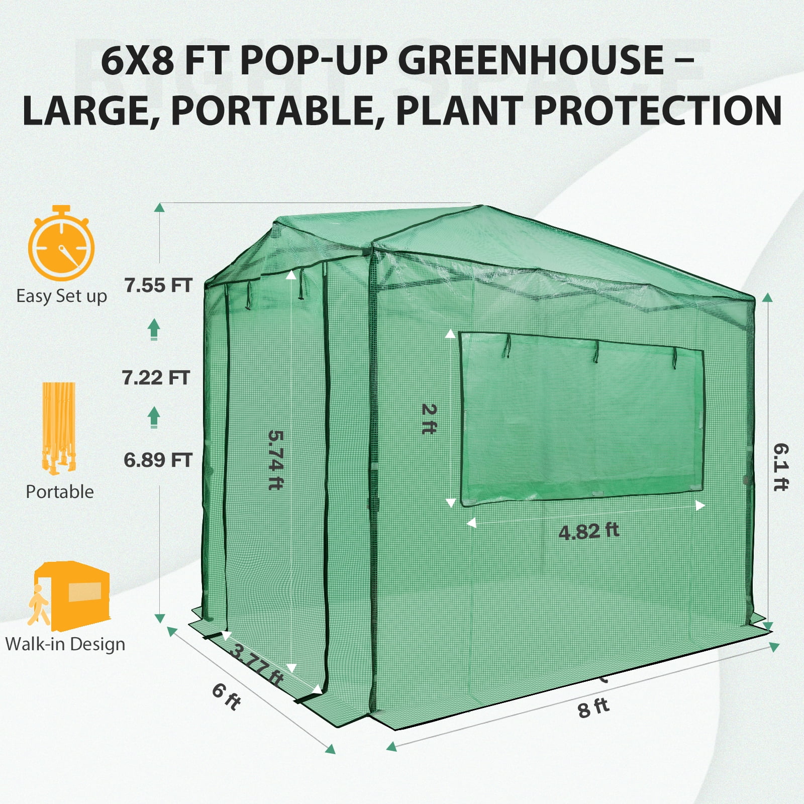 EAGLE PEAK 8'x6' Portable Walk-in Greenhouse Instant Pop-up Fast Setup Indoor Outdoor Plant Gardening Greenhouse , Front and Rear Roll-up Zipper Entry Doors and 2 Large Roll-up Side Windows