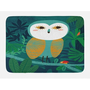 Owl Bath Mat, Big Eyed Forest Animal on a Tree Branch with Ladybugs, Plush Bathroom Decor Mat with Non Slip Backing, 29.5" X 17.5", Teal Multicolor, by Ambesonne