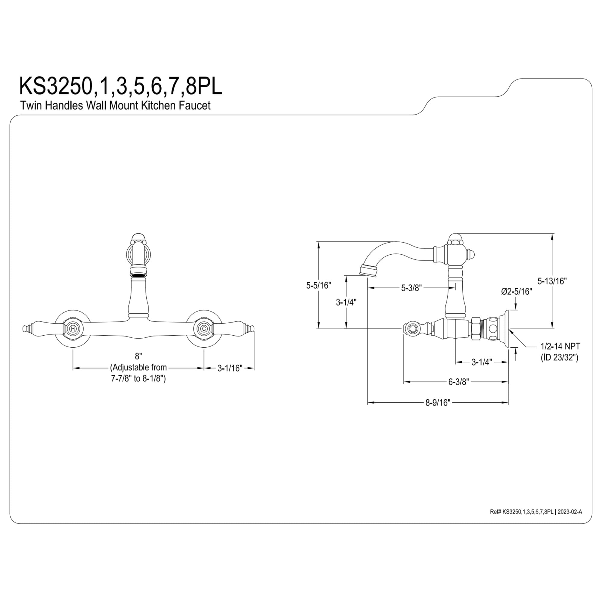 Kingston Brass KS3250PL Vintage Double-Handle Wall-Mount Bridge Kitchen Faucet, Matte Black