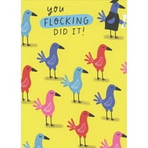 RSVP You Flocking Did It: Colored Birds on Yellow Background Funny / Humorous Graduation Congratulations Card