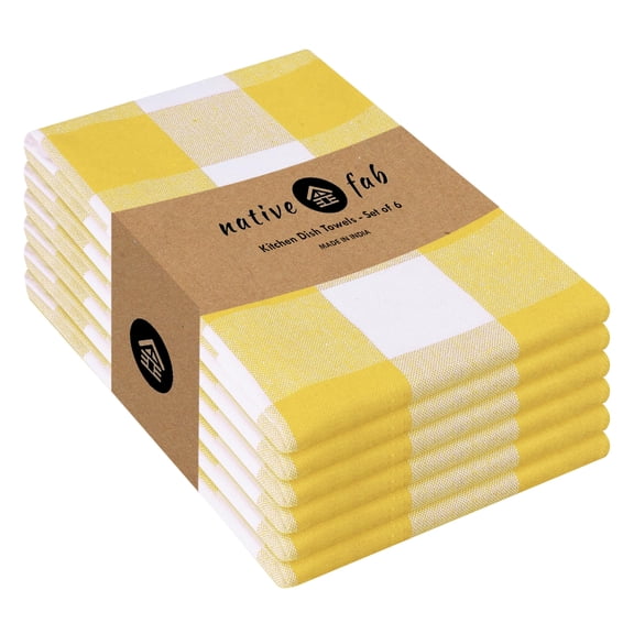 Native Fab Yellow Buffalo Dish Towel 16"x26", Set of 6 - Cotton Plaid Towels, Soft Absorbent Dishcloths with Hanging Loop, Kitchen Towels for Quick Drying - Yellow White