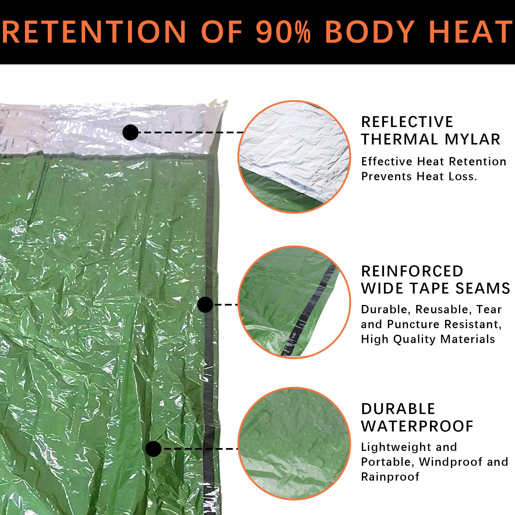Bivy Sack Survival Sleeping Bag, Waterproof Survival Sleeping Bag with Emergency Whistle, Portable Thermal Emergency Bivy Bags for Camping Hiking Outdoor Survival （Green, 2PC)