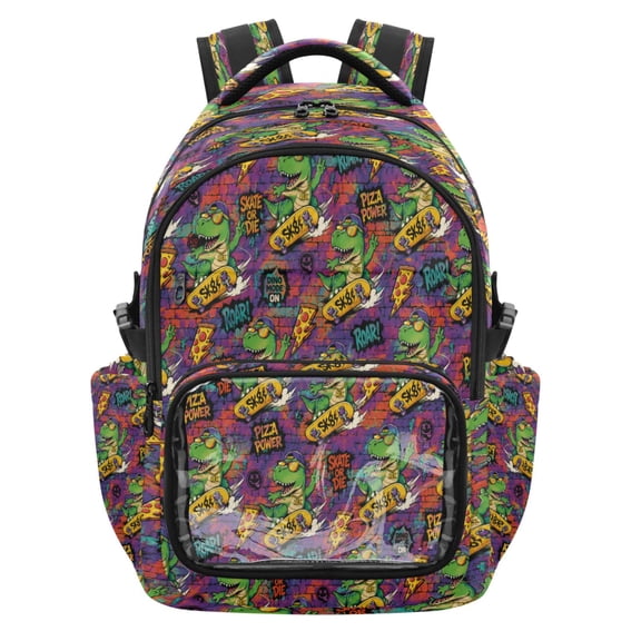 Qxltty Graffiti Skate Dinosaur Backpack School Bookbag with Clear PVC Front Pocket, Laptop Compartment, Water Resistant Travel Daypack for Students