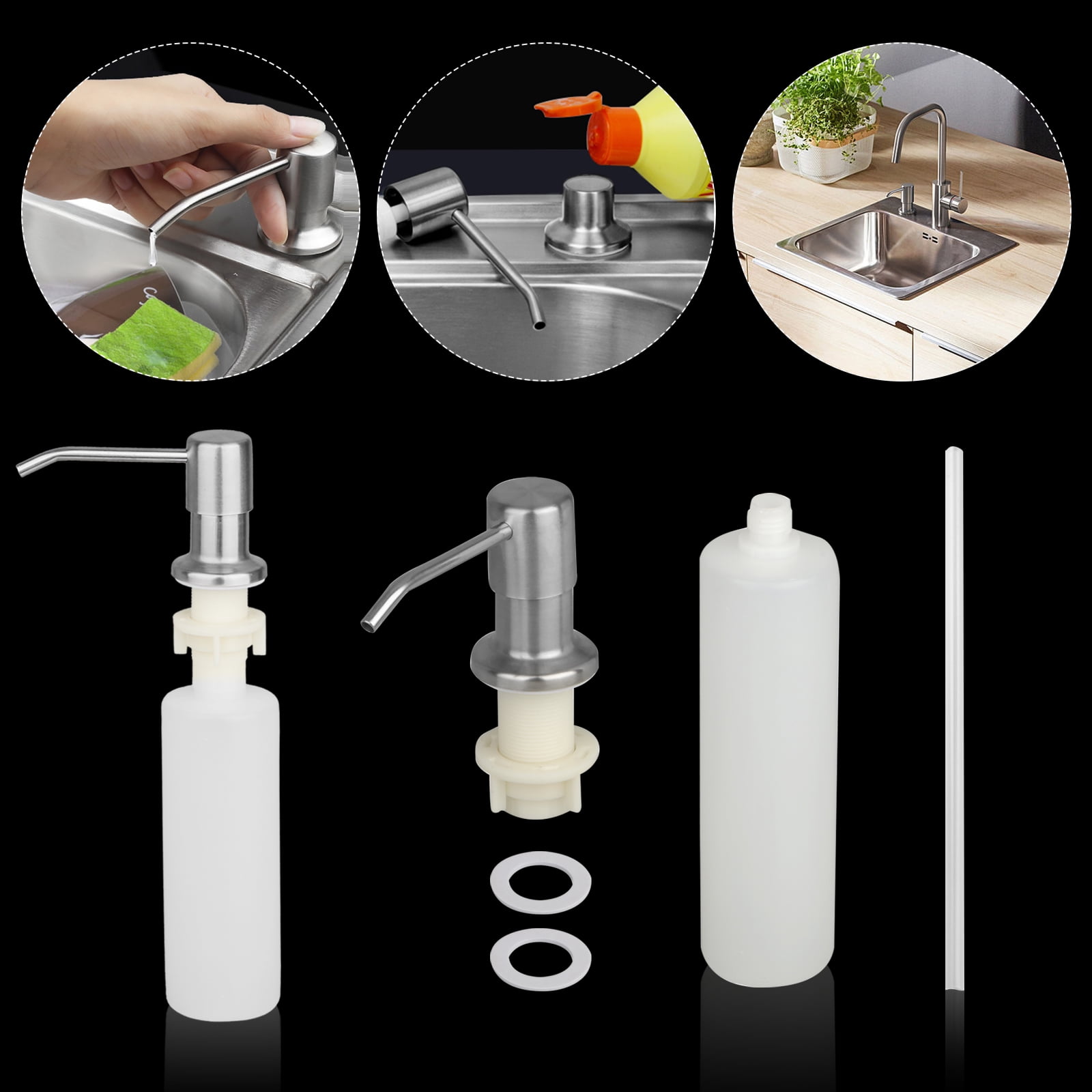 Soap Dispenser for Kitchen Sink and Extension Tube Kit, Stainless Steel, 300ml Bottle, Brushed Nickel, 47 Inches Tube Connects Directly to Soap ...