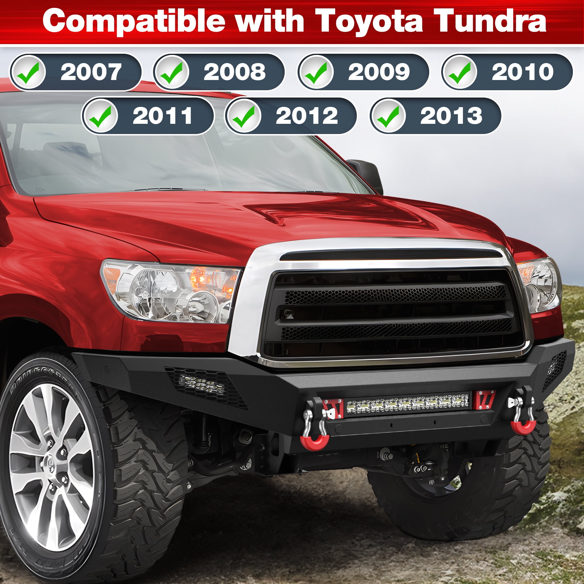 POFENZE Front Bumper for 2007-2013 Toyota Tundra Full Width Bumper w/144W Light Bar, 2x18w Lights