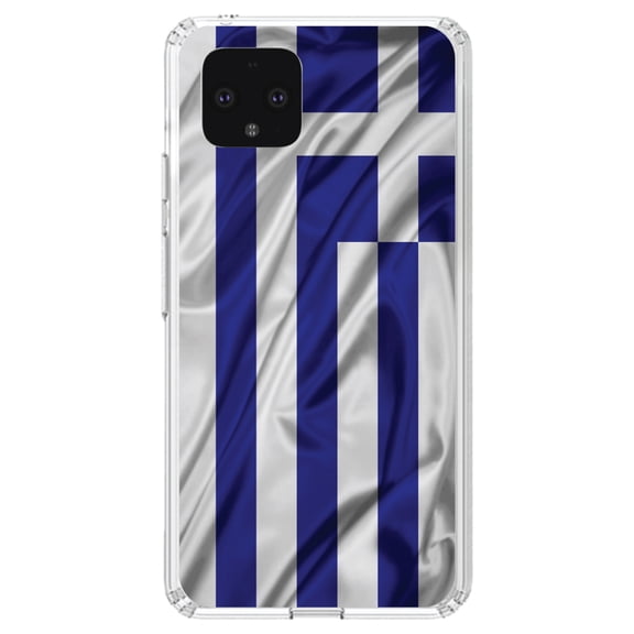 DistinctInk Clear Shockproof Hybrid Case for Google Pixel 4 (5.7" Screen) - TPU Bumper, Acrylic Back, Tempered Glass Screen Protector - Greece Waving Flag