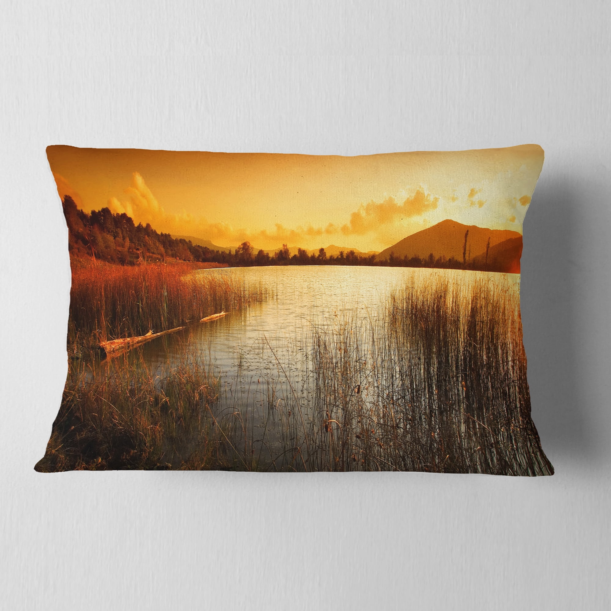 Designart Calm Evening with Lake and Mountains - Landscape Printed Throw Pillow - 12x20