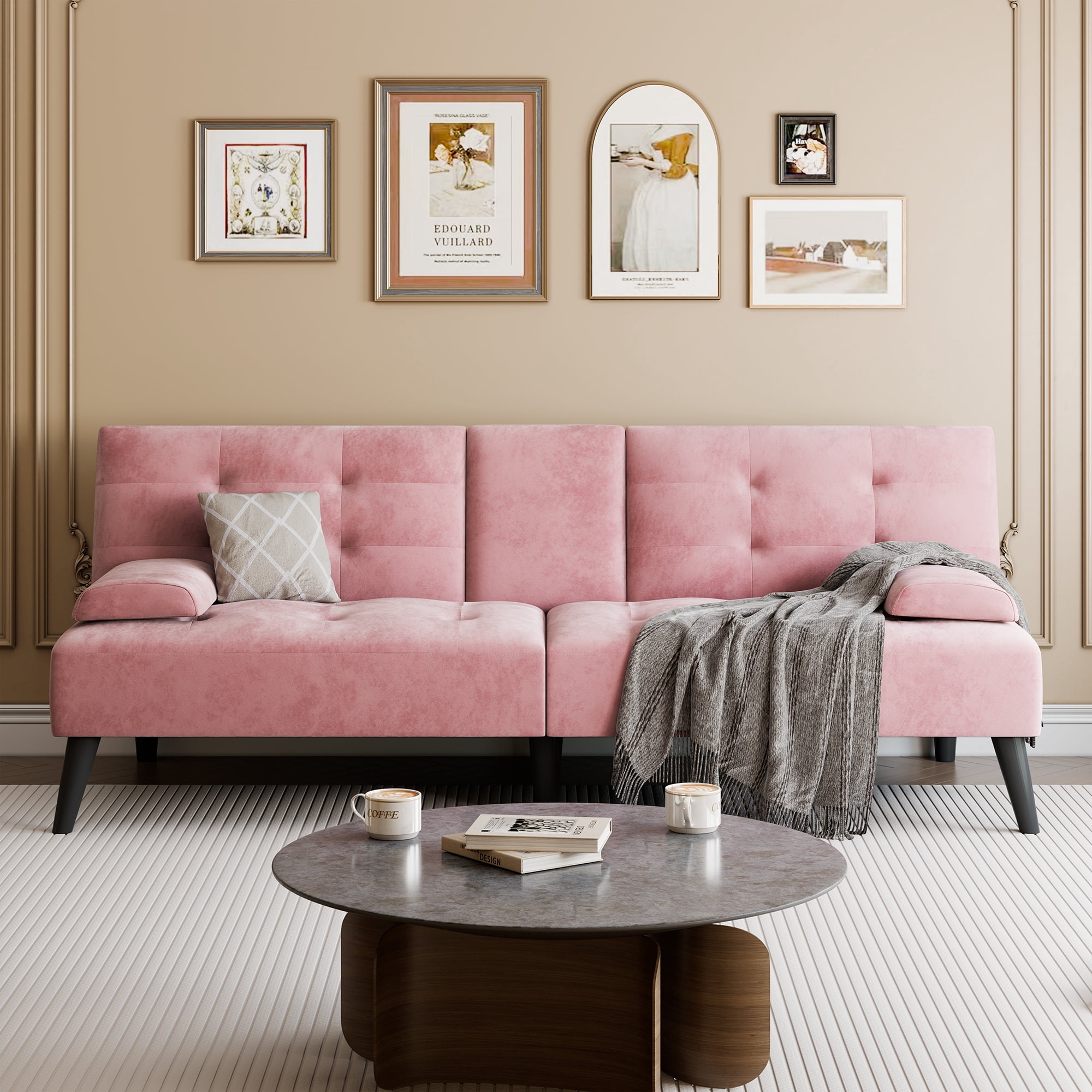 Walsunny 64" Sofa Bed Futon Couches, Folding Loveseat Recliner with 3-Angle Adjustment, Removable Arms 2 Cup Holders for Small Spaces,Pink
