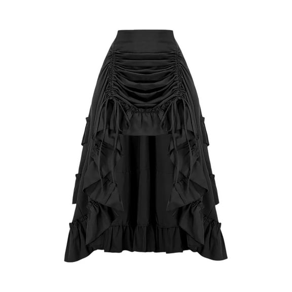 TrdSipl Skirts for Women Victorian Boho Renaissance Skirt Flowy Drawstring Retro Midi Skirts a Line Ruffle Hem Halloween Party Ren Faire Costume Black M