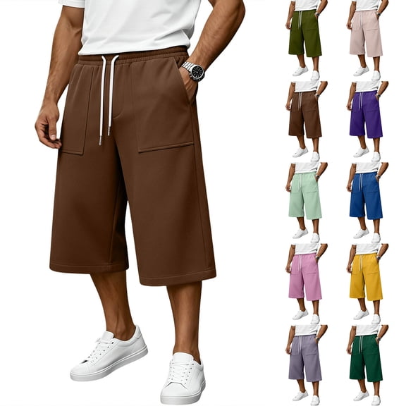 Men's Baggy Sweat Shorts Solid Y2k Shorts Casual Under Knee Shorts 3/4 Gym Shorts with Big Pockets