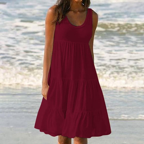 Xdegoge Beach Dresses for Women A-Line Fit Round Neck Summer Dresses Sleeveless Maxi Dress Pleated Tiered Detail Basic Casual Cruise Vacation Attire