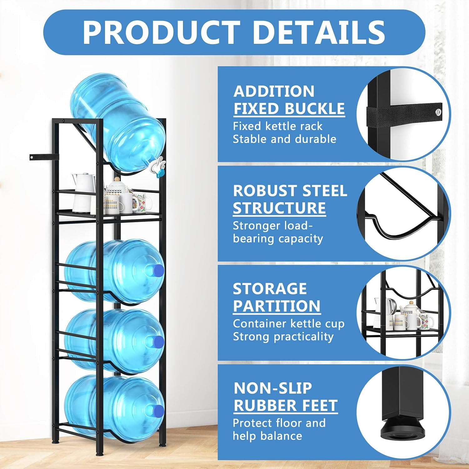 2-in-1 Blue 5-Gallon Water Jug Holder with 5-Tier Steel Storage Rack and Dispenser Valve