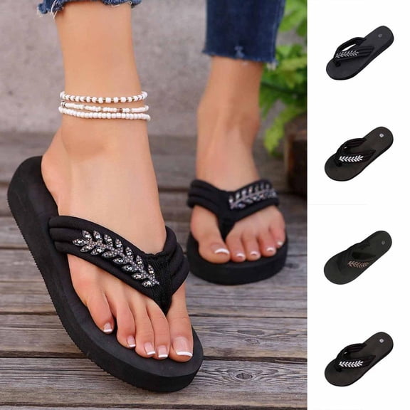 Bxsruta Women's Plus Size Rhinestone Embellished Flip Flops with Cushioned EVA Sole for Casual Summer Comfort