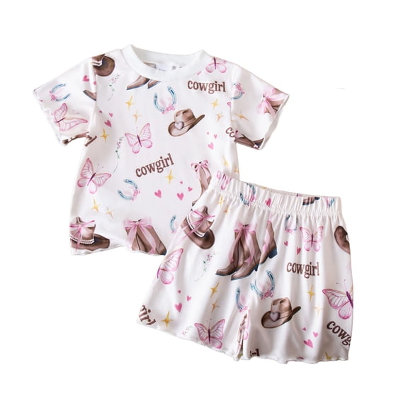 Weebloom Summer Pajamas For Toddler Girls Summer Western Style Kids Outfit Two Piece For Everyday Wear Short Sleeve Tee And Shorts Sleepwear Nightwear Pjs Loungewear Pink 3-4Y