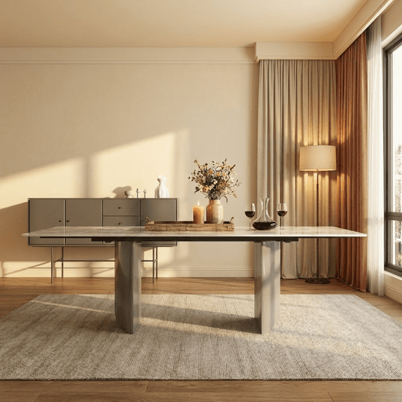 siu want Extendable Dining Table Set for 6-10 People - 63" to 94.4" Folding Table with Sintered Stone Top & Carbon Steel Base, Modern Expandable Kitchen Table​