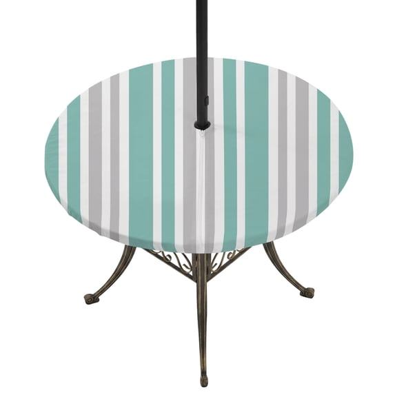 Round Outdoor Tablecloth with Umbrella Hole and Zipper, Aqua Grey Stripe Tablecloth with Elastic Waterproof, Farmhouse Minimalist Striped Patio Table Covers for 31" - 35" Picnic Pool Tables