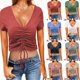 thumbnail image 2 of Women Summer Short Sleeve Sexy V-Neck T-Shirt Ribbed Knitted Solid Color Ruched Drawstring Front Slim Fit Crop Tee Top XL White, 2 of 4
