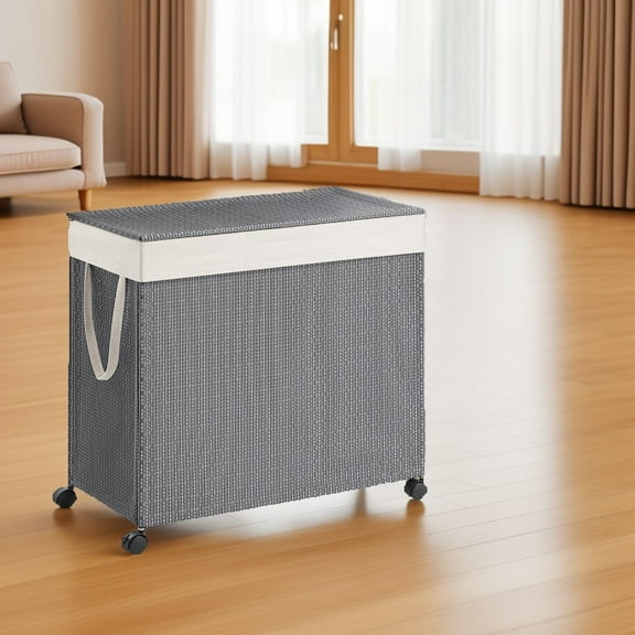 LEDREM Laundry Hamper with 3 Sections, Large 140L Rolling Clothes Basket with Lid, Removable Liner, Wheels, Rattan-Style, Dove Gray and White