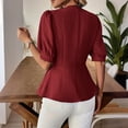 thumbnail image 5 of Mifsaly Womens Peplum Tops V Neck Puff Sleeve Button Down Shirts Ruffle Hem Fitted Waist Summer Casual Elegant Tunic Top Wine,XXL, 5 of 7
