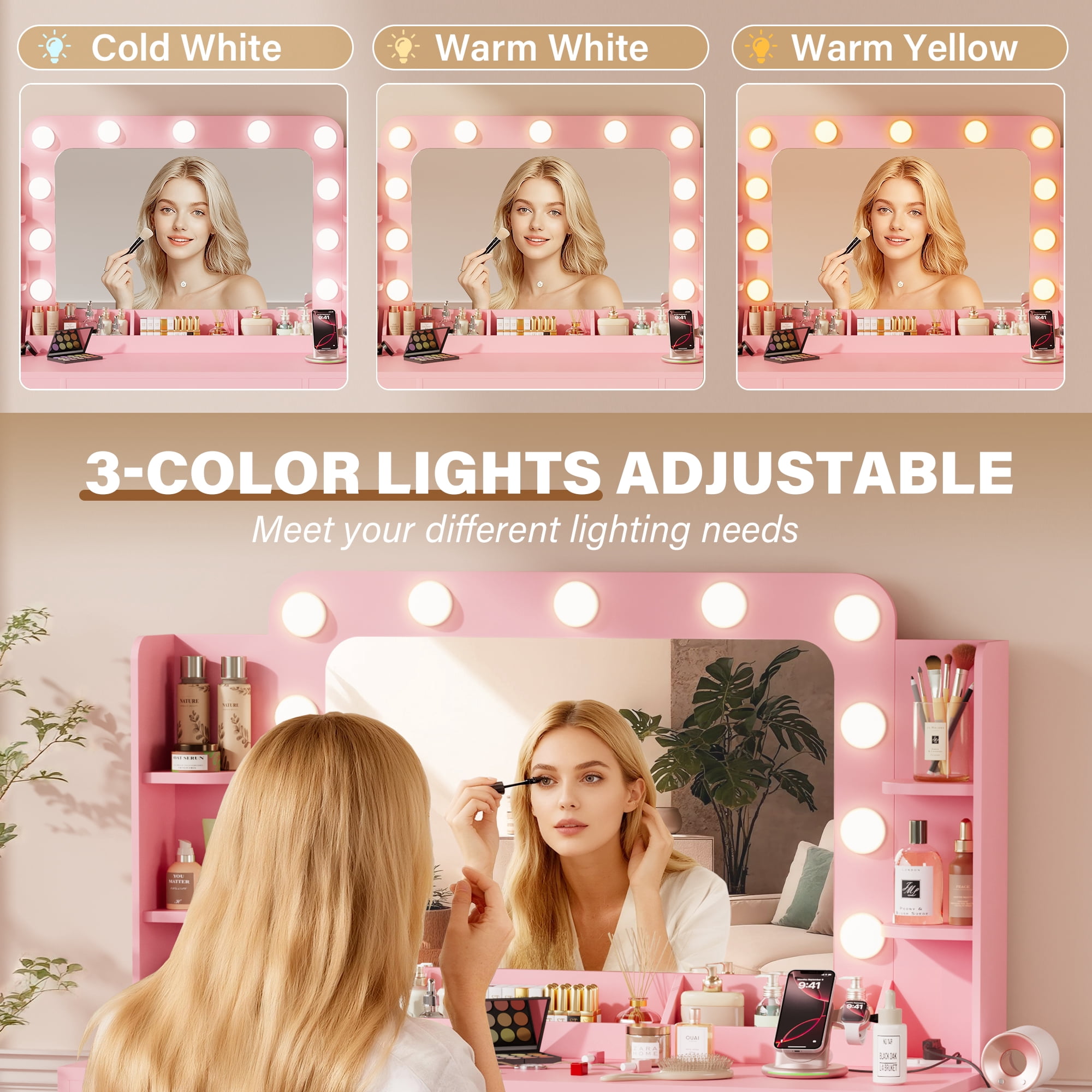Lacoo Vanity Desk with Mirror & Lights, Makeup Vanity Set with 7 Drawers & Shelves, Vanity Table for Bedroom, Pink