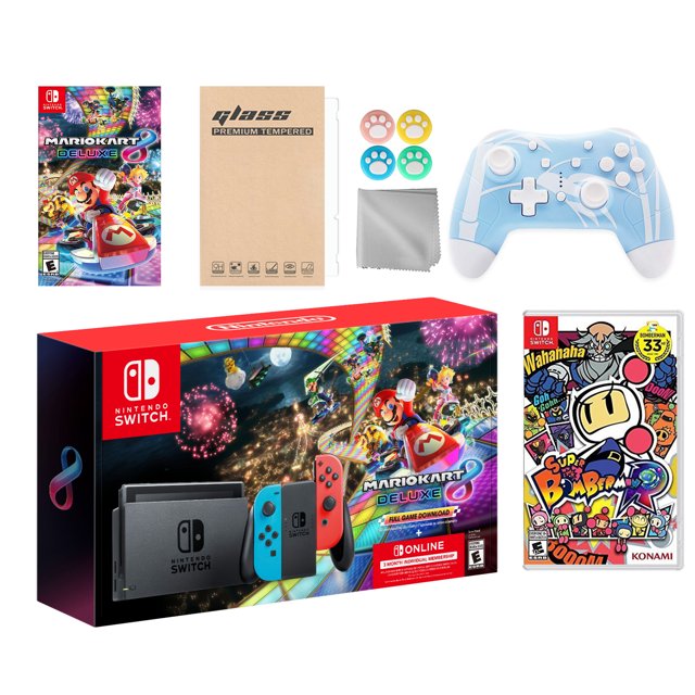 Nintendo Switch Mario Kart 8 Deluxe Bundle: Red/Blue Console, Mario Kart 8 & Membership, Super Bomberman R, Mytrix Wireless Pro Controller Blue Bamboo and Accessories