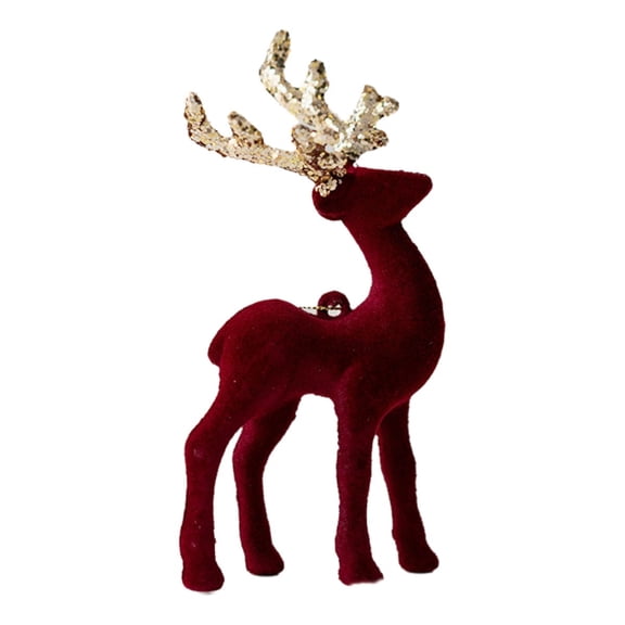 Ohmyroo Burgundy Velvet Flocked Standing Reindeer Figurine, Glitter Antler Deer Tabletop Decor with Four Color Choices, Wine Red Xmas Figure for Mantel Shelf Tiered Tray Elegant Display