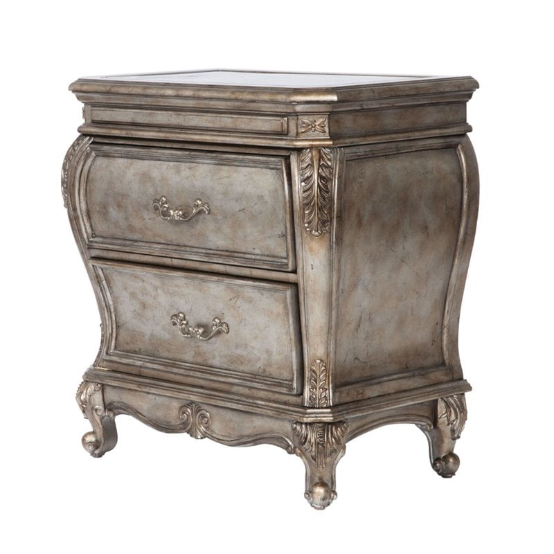 ACME Chantelle 2 Drawer Granite Top Nightstand in Antique Platinum