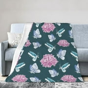 DouZhe Ultra-Soft Micro Fleece Lightweight Flannel Bed Blanket, Blue Butterfly Flowers Flower Print Cozy Warm Throw Blankets, 60"x50"