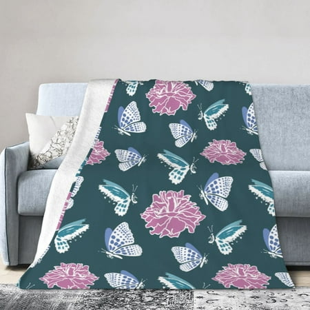 DouZhe Ultra-Soft Micro Fleece Lightweight Flannel Bed Blanket, Blue Butterfly Flowers Flower Print Cozy Warm Throw Blankets, 60"x50"