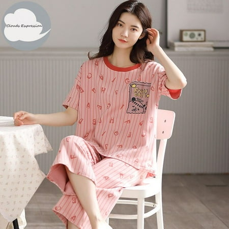 

QWZNDZGR Summer 100% Cotton Cartoon Pajamas Sets Women Pyjamas Sleepwear Nightwear Pijama Mujer Size M-2XL Calf-Length Pants Homewear