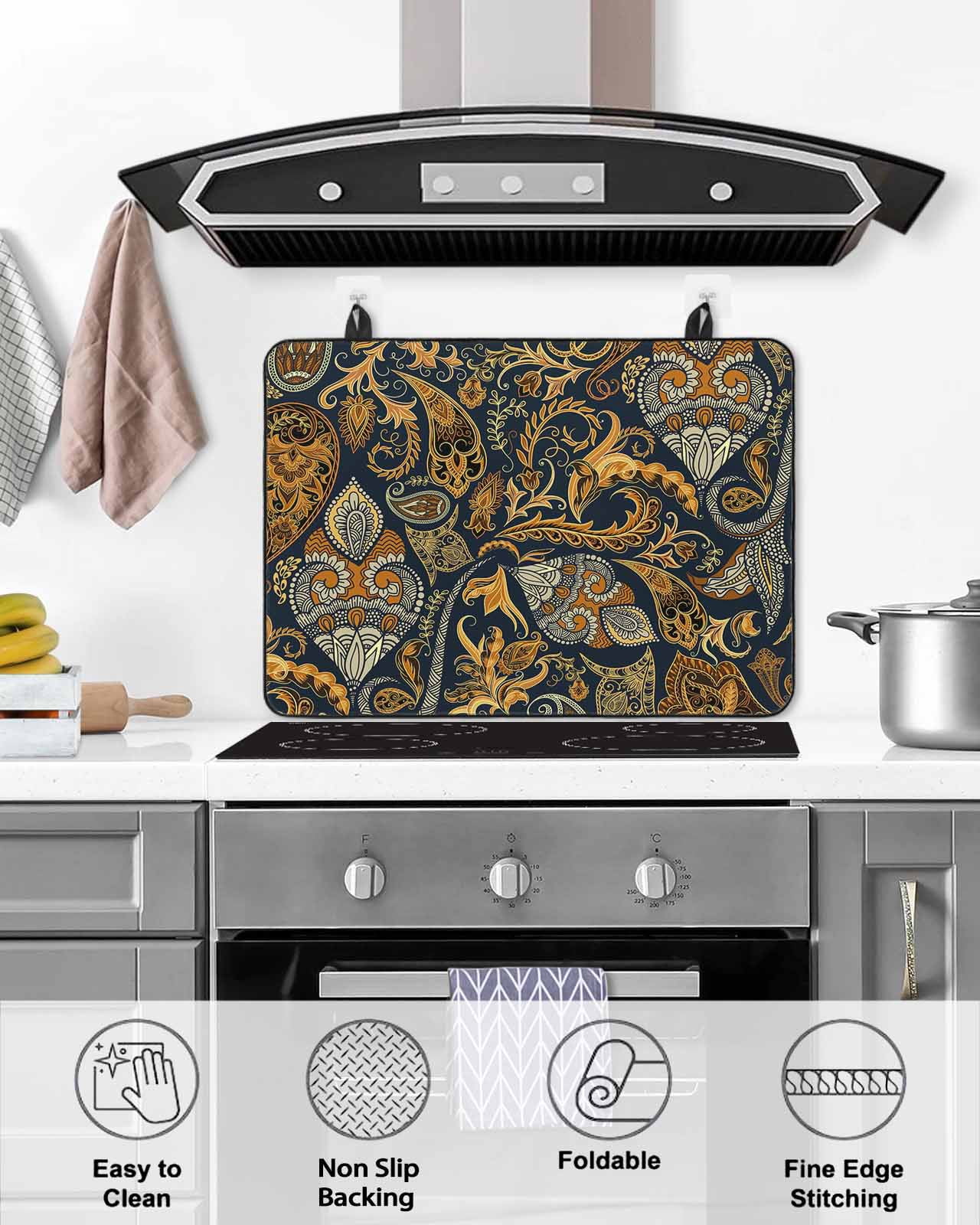 nqOlkjepod Large Induction Cooktop Protector Mat 24"x21", Boho Floral Stove Top Covers for Electric Stove, Vintage Botanical Paisley Flower Decorative Stove Burner Cover Mats, Glass Top Stove Cover