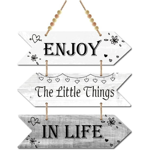 3 piezas de madera "Disfruta de las pequeñas cosas de la vida", letrero de madera con forma de flecha, placa colgante, decoración de pared, casa de campo, cocina rústica con agujero