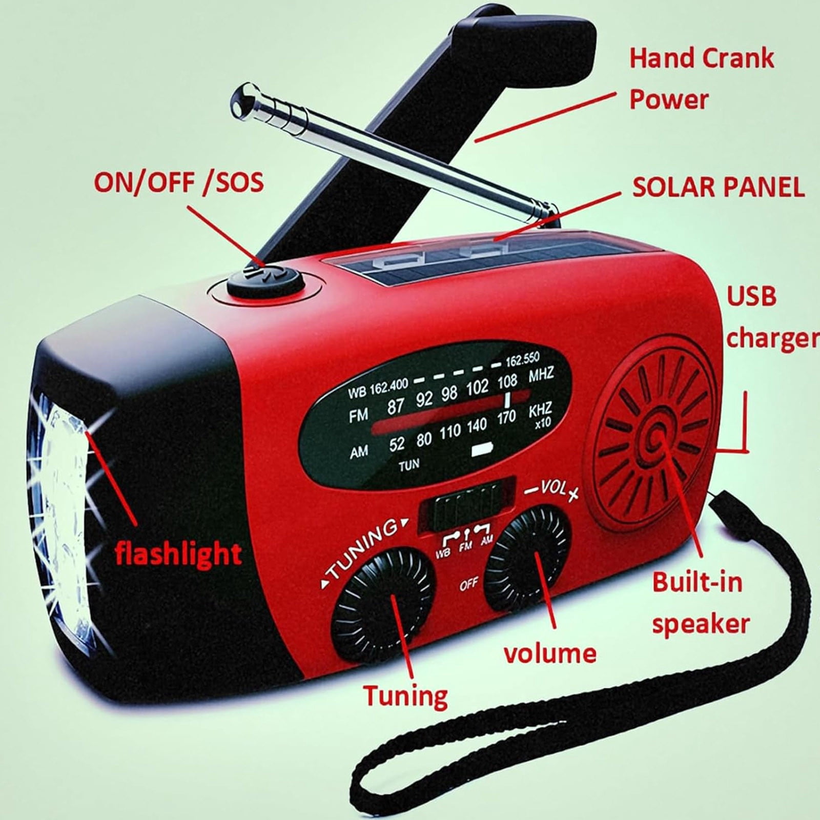 Solar Radio, Portable Hand-Crank AM/FM/WB Emergency Radio with Torch Solar Radio, 2000mAh Rechargeable Power Bank for Phone Charging Solar Radio, Red Design for Camping Home Emergency Use