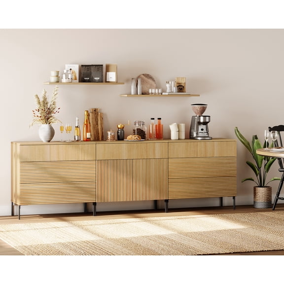 94.5" Modern Reeded Minimalist Sideboard with Drawers and Doors, 3-In-1 Wooden Credenza Storage Cabinet for Kitchen, Dining Room