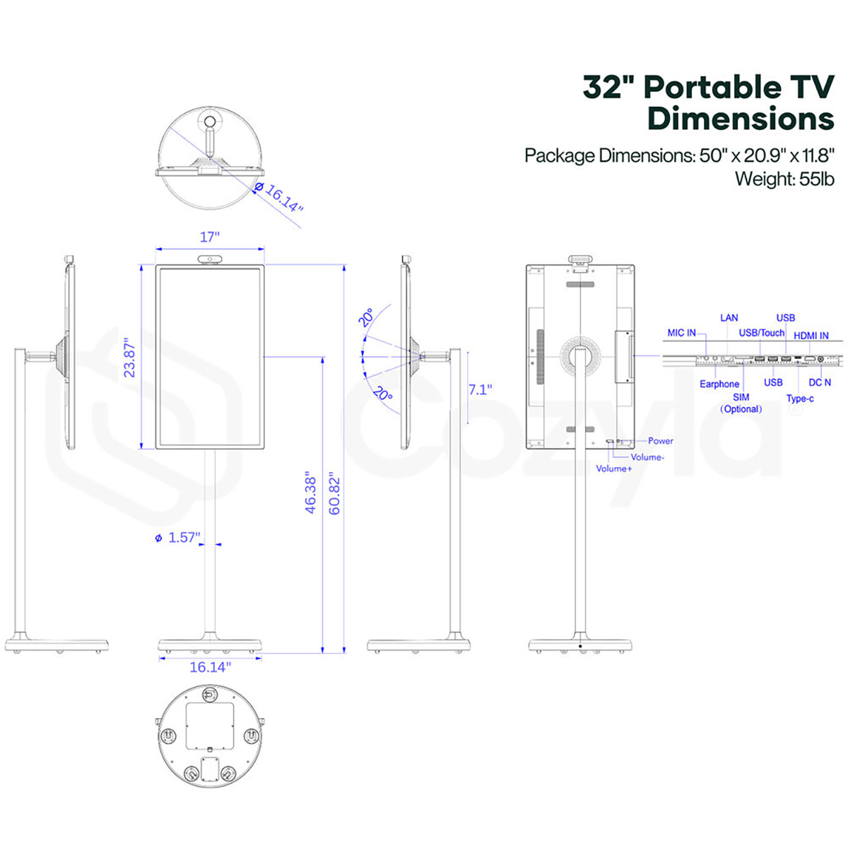 Cozyla 32" 16:9 4K Ultra HD Portable Smart Tablet TV, White