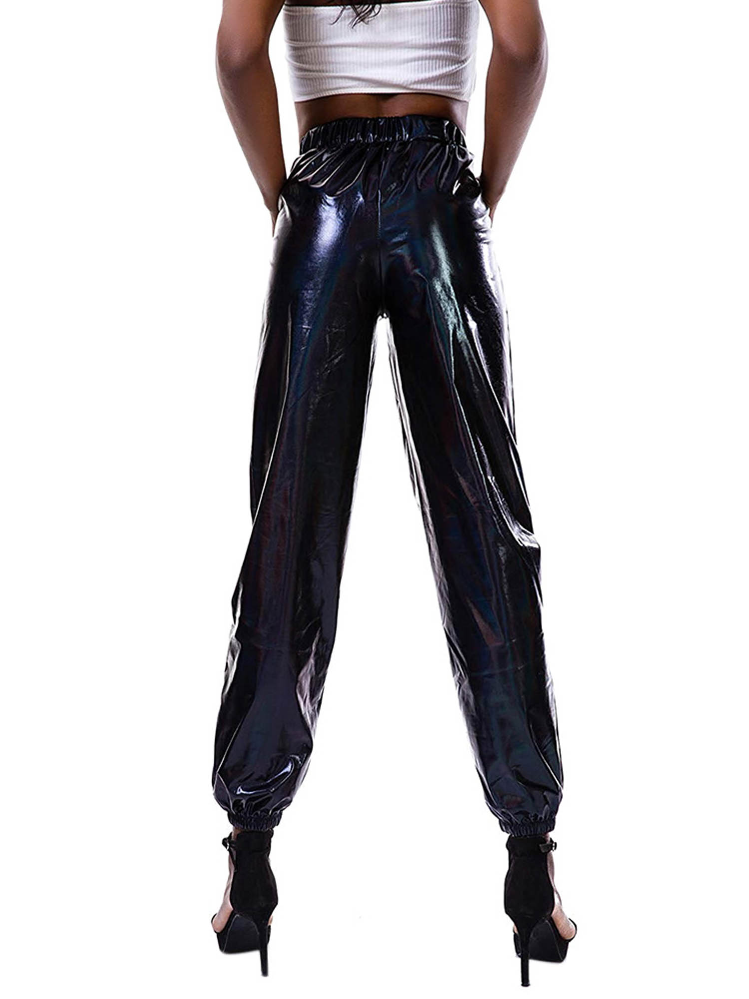 wybzd Women's Metallic Pants High Waist Harem Pants Hip Hop