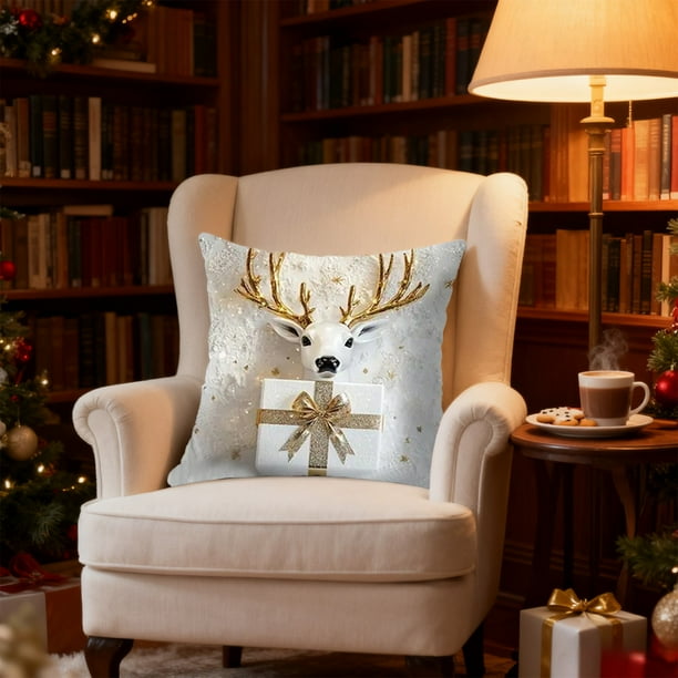 Funda de almohada de poliéster con estampado dorado para decoración navideña, ideal para dormitorio, sala de estar, sofá, Halloween, otoño, adornos navideños.