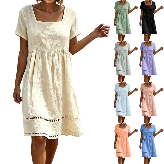 VBVC Women's Square Neck Cotton Midi Dress, Ladies' Empire Waist Eyelet Lace A Line Dress, Short Sleeve Beach Vacation Dress For Women,Black,S-3XL