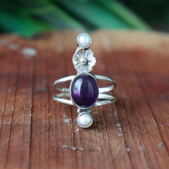 Amethyst & Pearl Ring, 925 Sterling Silver Ring, Floral Design Ring, Handmade Gemstone Ring, Boho Jewelry, Floral Pretty Ring, Gift For Her*